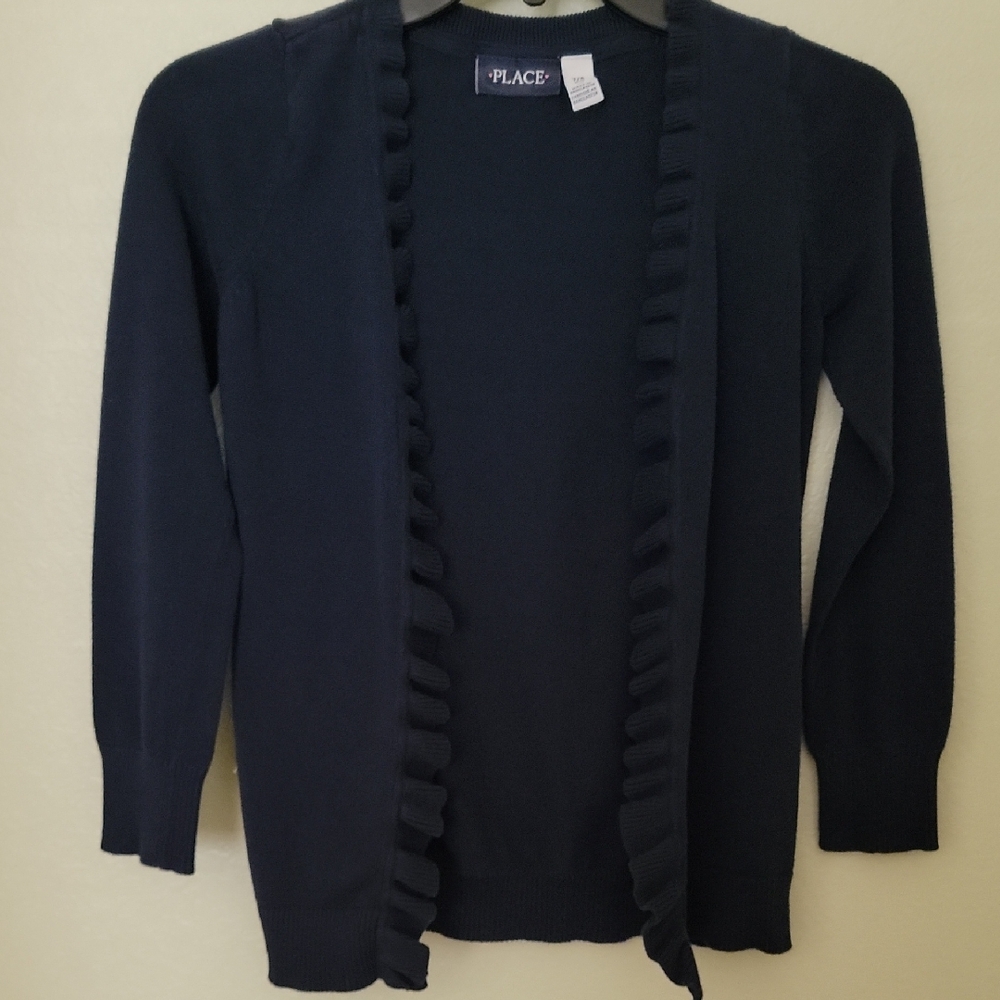 Girl's Ruffle Front Navy Cardigan
